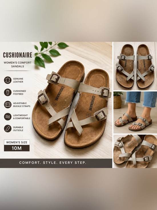 Cushionaire Shoes - Women’s Double Strap Footbed Sandals Beige Taupe Size 10 Genuine Leather